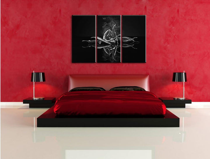 Pixxprint Feurige rote Chili-Choten Kunst B&W 3-Teiler Leinwandbild 120x80 Bild auf Leinwand, riesig