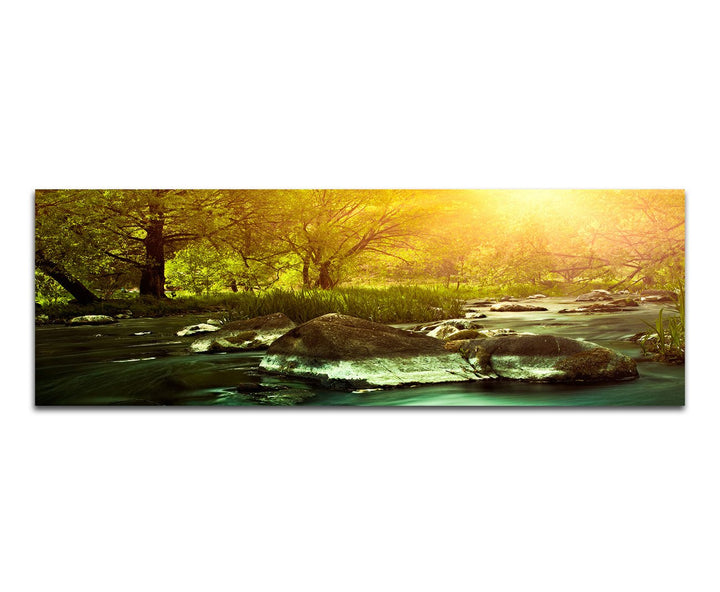 Paul Sinus Art Panoramabild auf Leinwand und Keilrahmen 150x50cm Wald Fluss Steine Sonnenuntergang