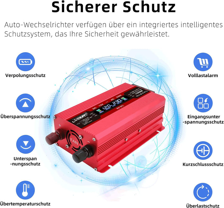 LVYUAN Wechselrichter 12V 230V 1500W Spannungswandler Stromumwandler Inverter mit 2 USB LCD EU Steck