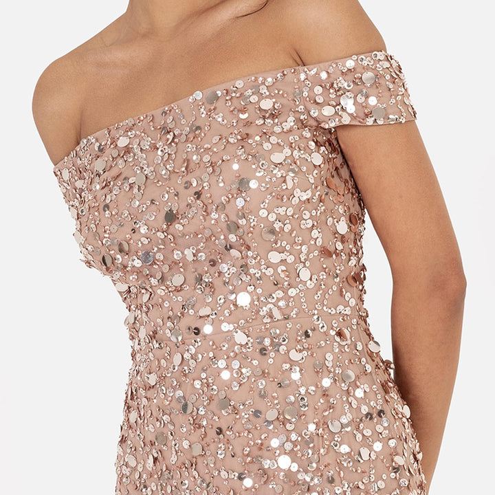 Maya Deluxe Damen Ladies Maxi with Slit Split Bardot Sleevless Sequin Embellishment Evening Gown for