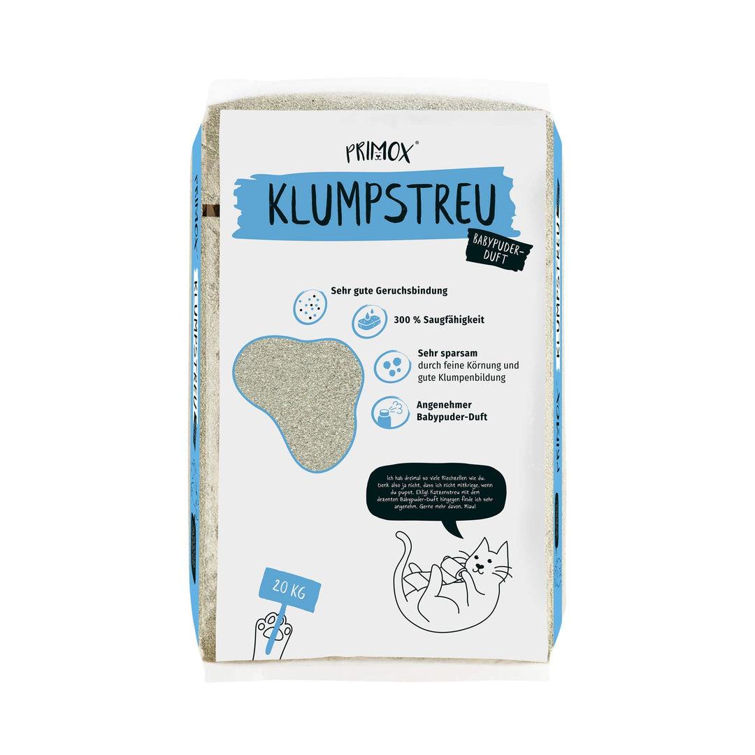 PRIMOX Klumpendes Katzenstreu 20 kg | Frischer Babypuderduft | 300% Saugfähigkeit | Schonend & Siche