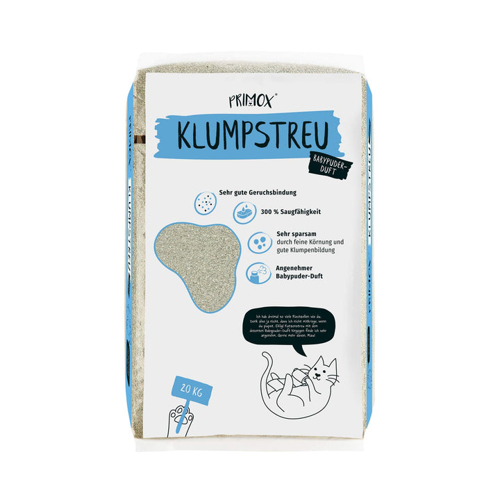 PRIMOX Klumpendes Katzenstreu 20 kg | Frischer Babypuderduft | 300% Saugfähigkeit | Schonend & Siche