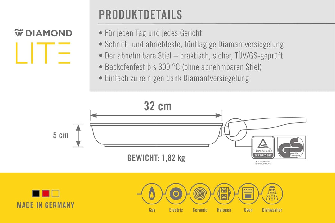 Woll Diamond Lite Flachpfanne, Ø 32 cm, 5 cm hoch, mit abnehmbarem Stiel - Geeignet für Ceran, Gas,