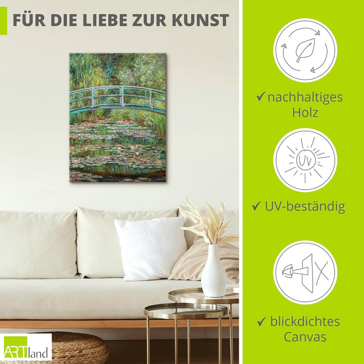 ARTland Leinwandbild Wandbild Bild auf Leinwand 60x80 cm Wanddeko Teich Pflanzen Seerosen Japanische