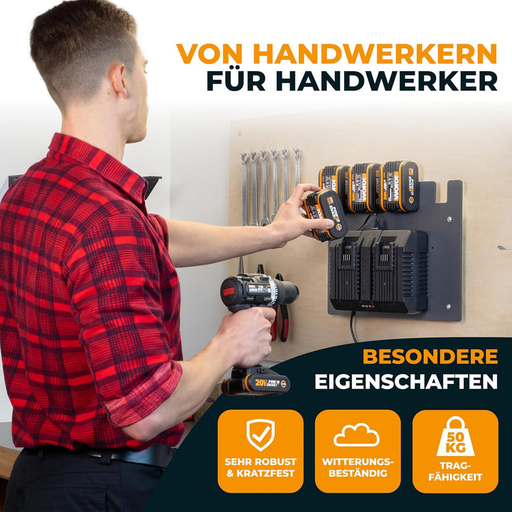Wandfest® Wandhalterung für Worx Akkus und Ladegeräte - Das Original [Made in Austria] Worx Akku Hal