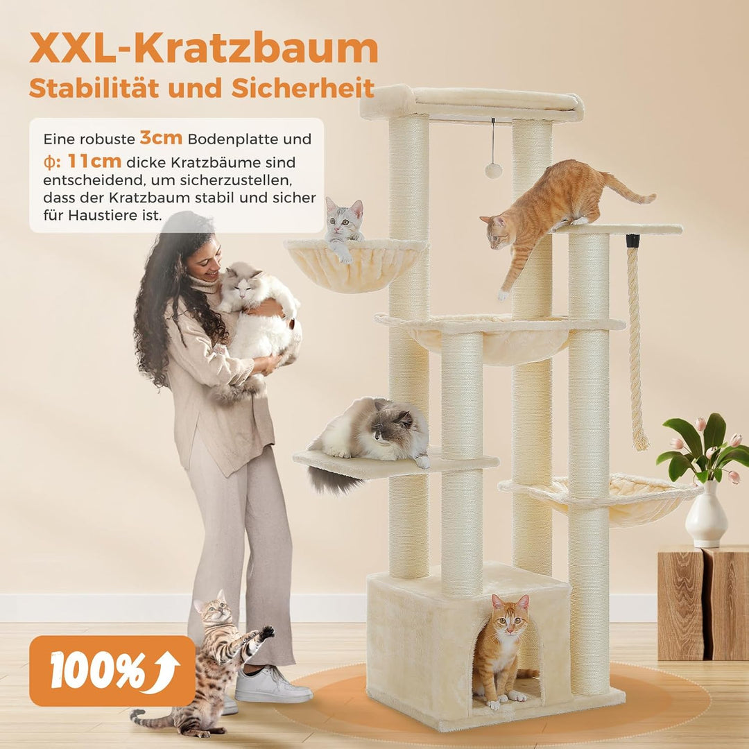 PAWZ Road Kratzbaum Grosse Katzen stabil mit Mehreren Ebenen, Hängematte, 13 Sisalpfosten(φ11cm), Gr