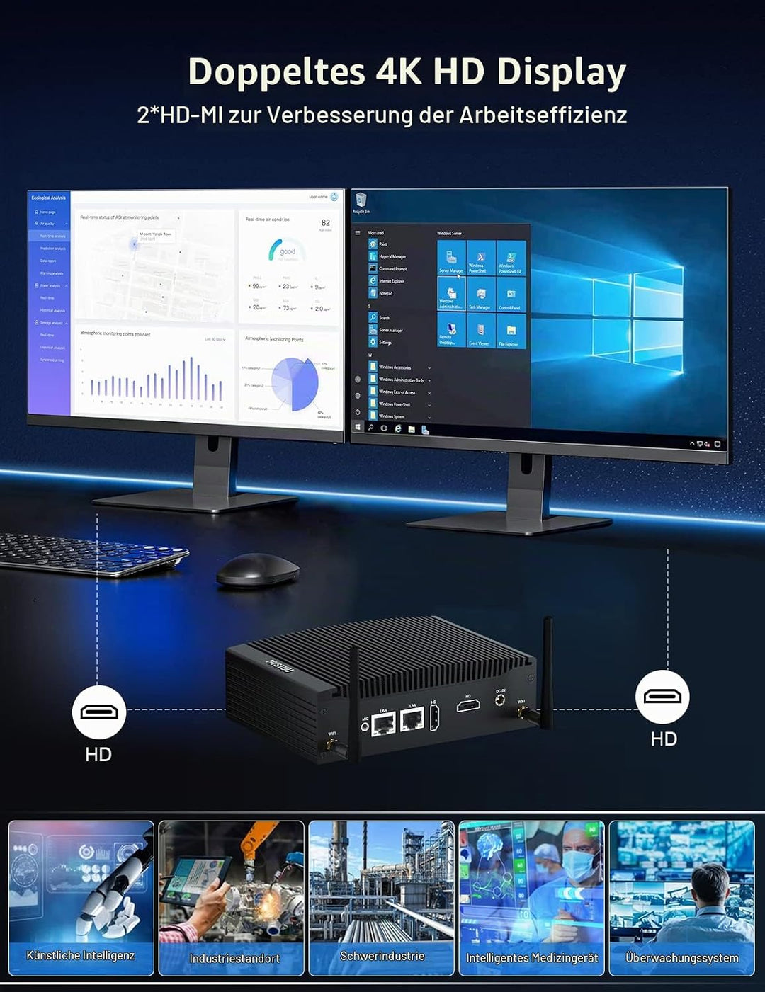 HYSTOU Lüfterloser Industrie Mini PC i5 7300U, Fanless Mini PC 16GB Ram DDR4 512GB SSD 4K Doppel Dis