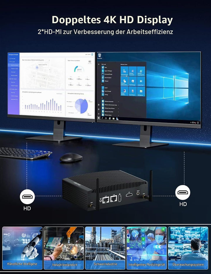 HYSTOU Lüfterloser Industrie Mini PC i5 7300U, Fanless Mini PC 16GB Ram DDR4 512GB SSD 4K Doppel Dis