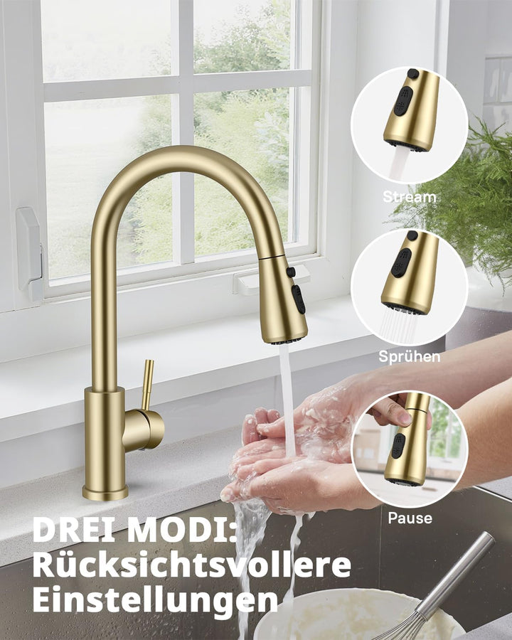 Küchenarmatur, Ausziehbarer Wasserhahn mit Edelstahl-Sprühbrause und 3 Sprühfunktionen, 360° schwenk