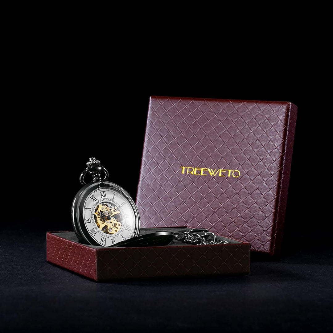 TREEWETO Unisex Taschenuhr mit Kette Analog Handaufzug Doppelscharnier Römische Ziffern Gold/Silber