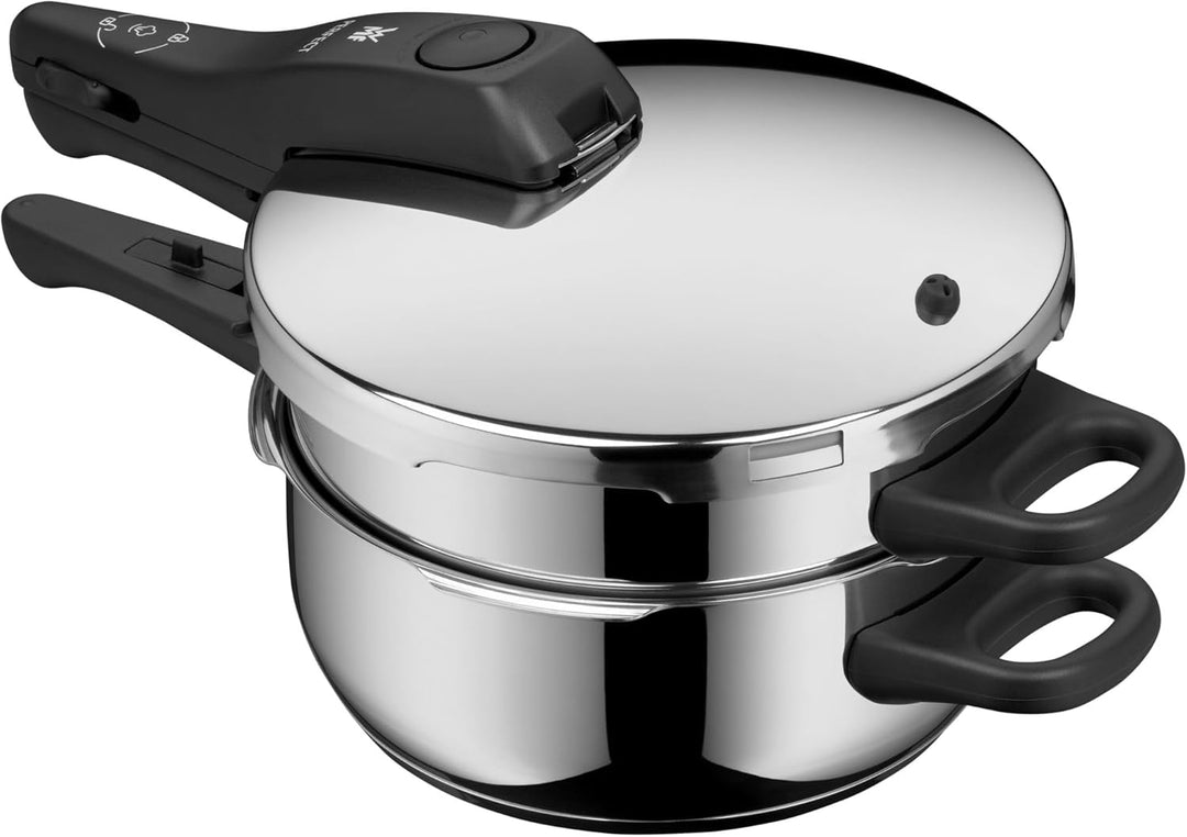 WMF Perfect Schnellkochtopf Set Induktion 3-teilig, Dampfkochtopf 4,5l + 3l mit Einsatz, grosses Koc