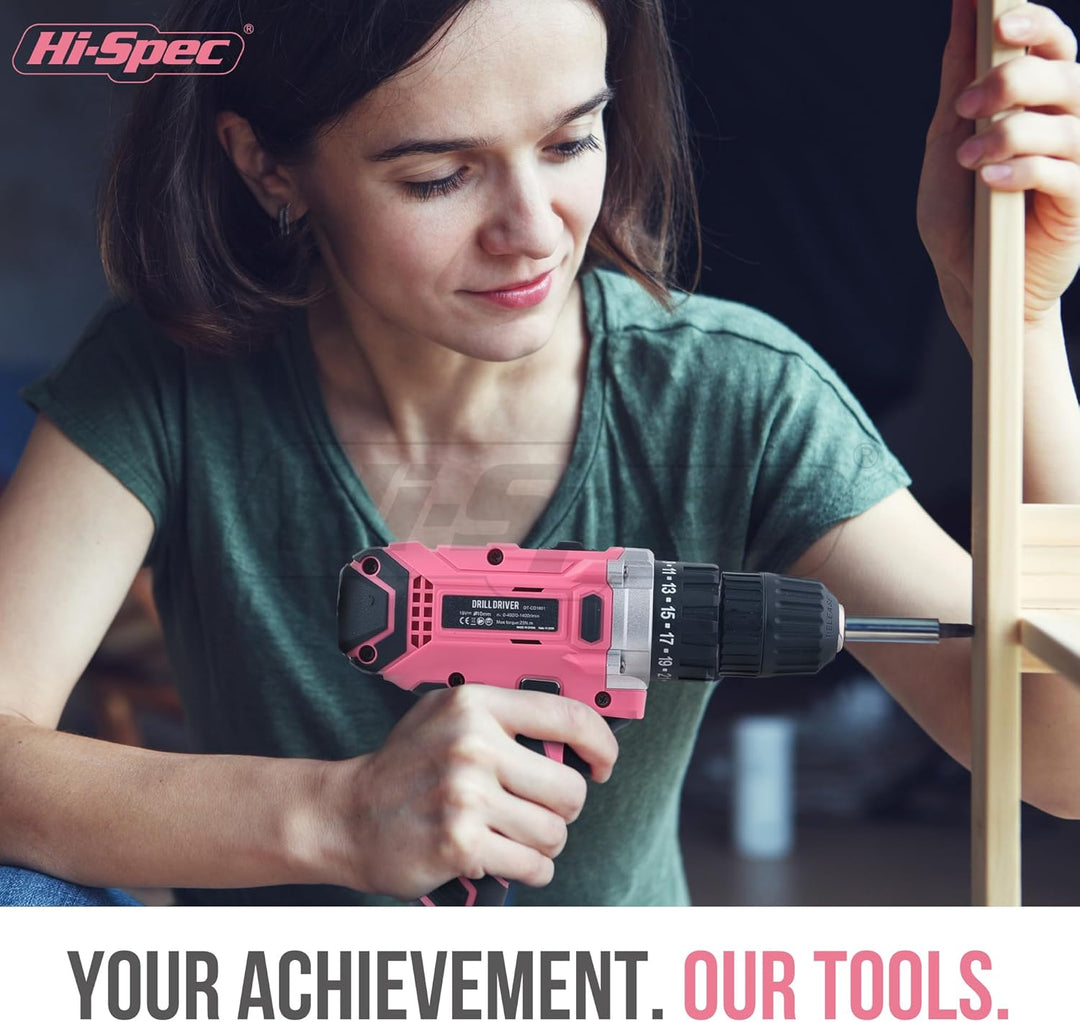 Hi-Spec 58-tlg. 18V-Akkubohrer in Pink Rosa mit S2 Bit Satz. DIY Akkuschrauber, Bohrmaschine für Met