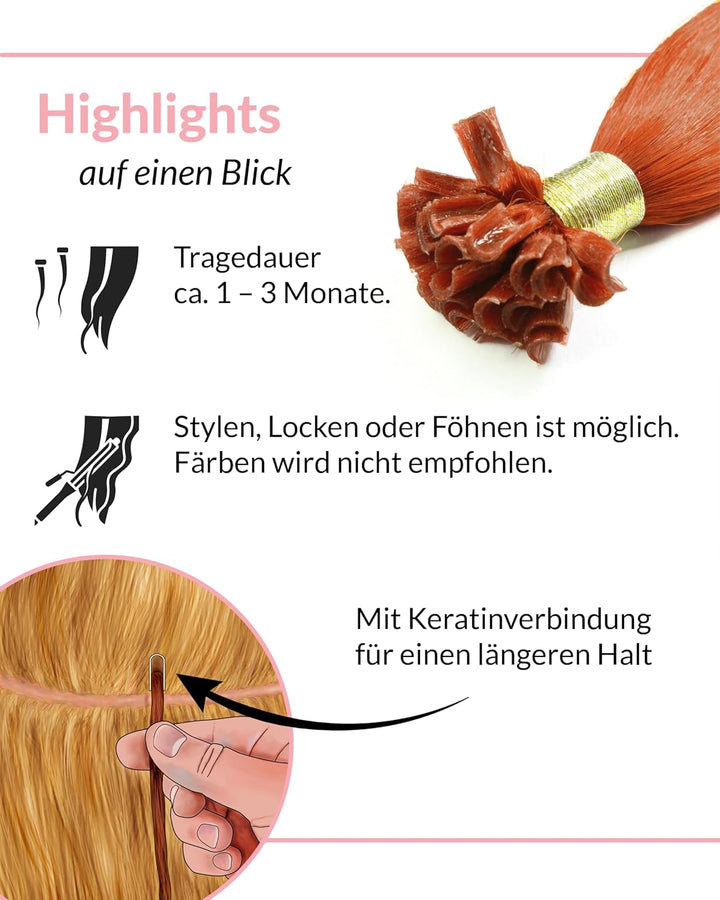 hair2heart Extensions Echthaar Bondings Glatt - 200 Strähnen 0.5g 60cm Kupferrot 
