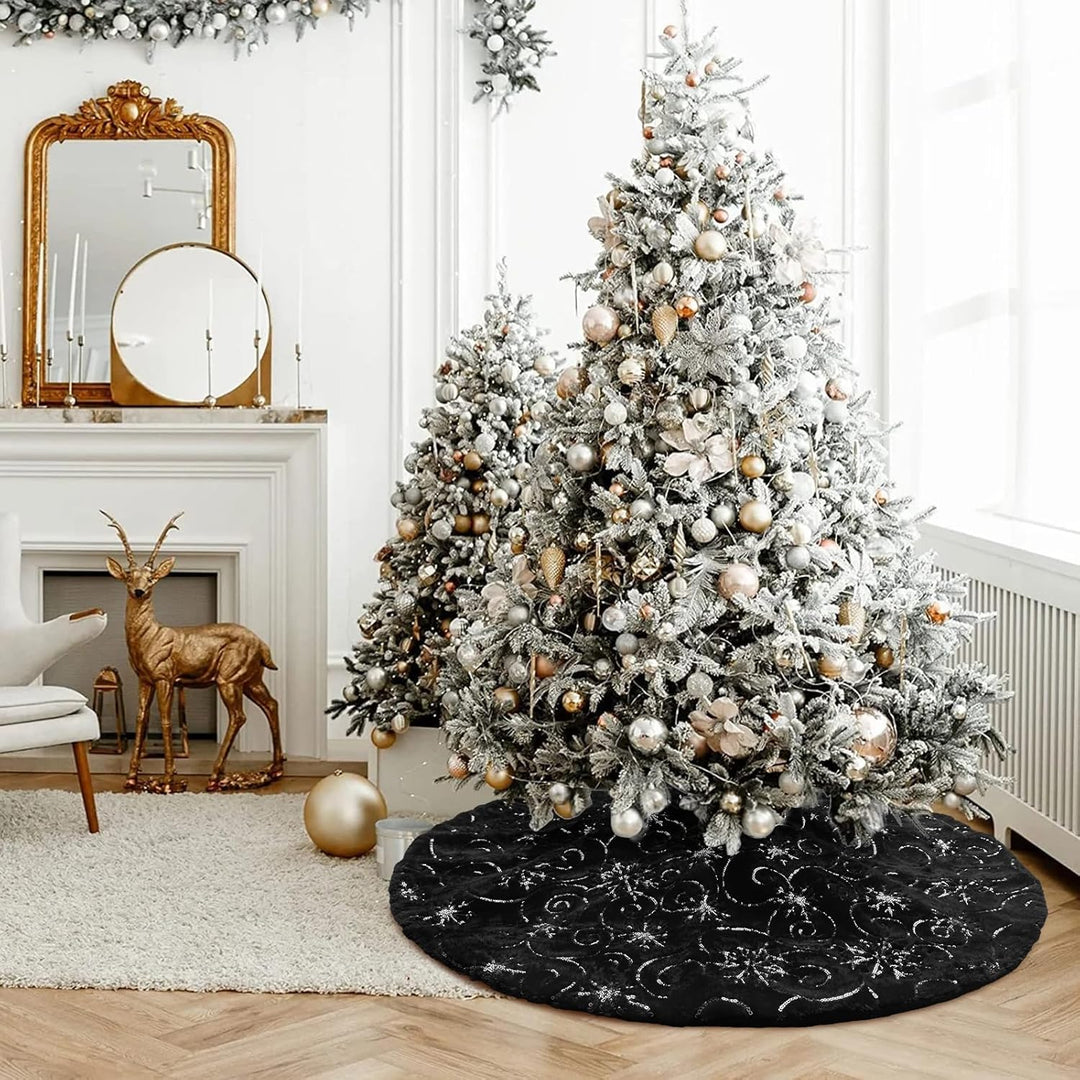 DecroXmas Christbaumröcke 122 cm, schwarzer Plüsch mit Schneeflocken-Design, Weihnachtsbaum-Unterlag