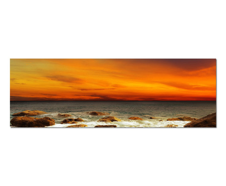 Paul Sinus Art Panoramabild auf Leinwand und Keilrahmen 150x50cm Meer Steine Felsen Abendrot Landsch