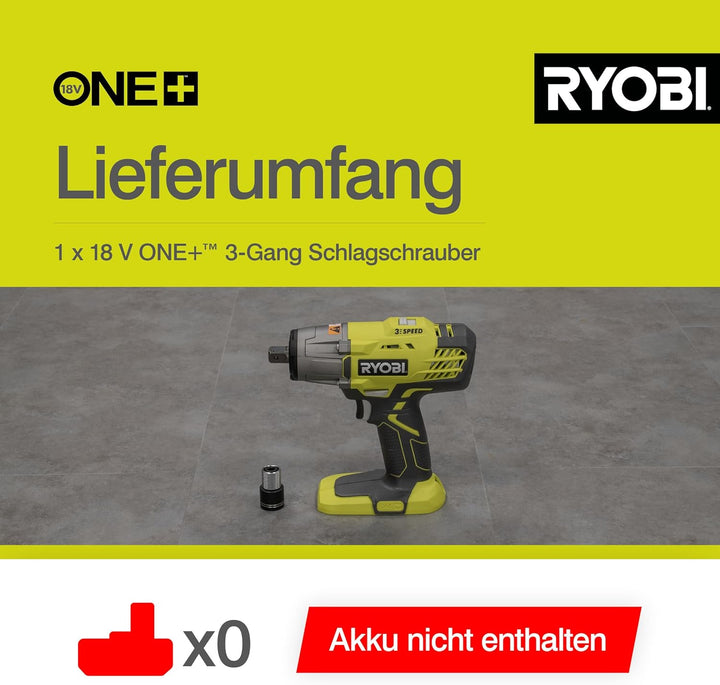 RYOBI 18 V ONE+ Akku-Schlagschrauber R18IW3-0 (max. Drehmoment 400 Nm, 1/2 Zoll Vierkant-Aufnahme, 3