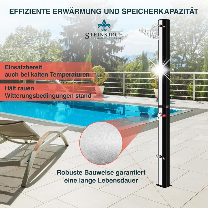 Steinkirch Solar Gartendusche 35L mit Edelstahl Duschkopf Ø 400 mm Pooldusche Campingdusche Aussendu