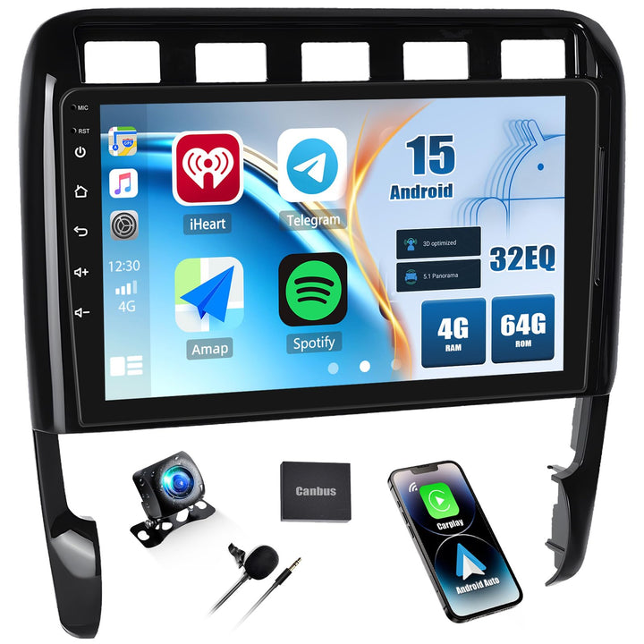 CAMECHO 4+64G Android 15 Autoradio für Porsche Cayenne 2002-2010 mit Rückfahrkamera, 9 Zoll Bluetoot