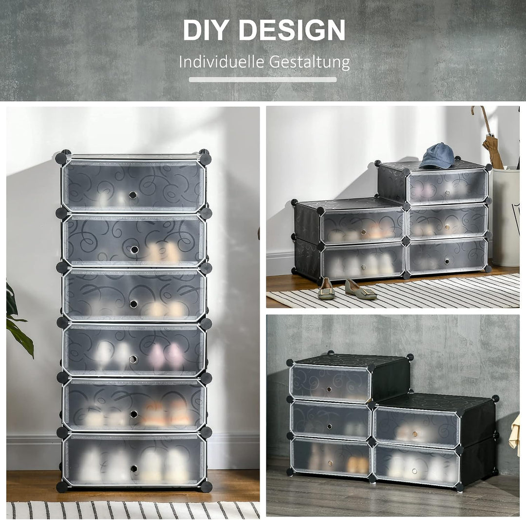 HOMCOM Schuhboxen 6er Set Schuhkarton Stapelbar Transparent Tür Schwarz | DIY, Schuhorganizer, Schuh
