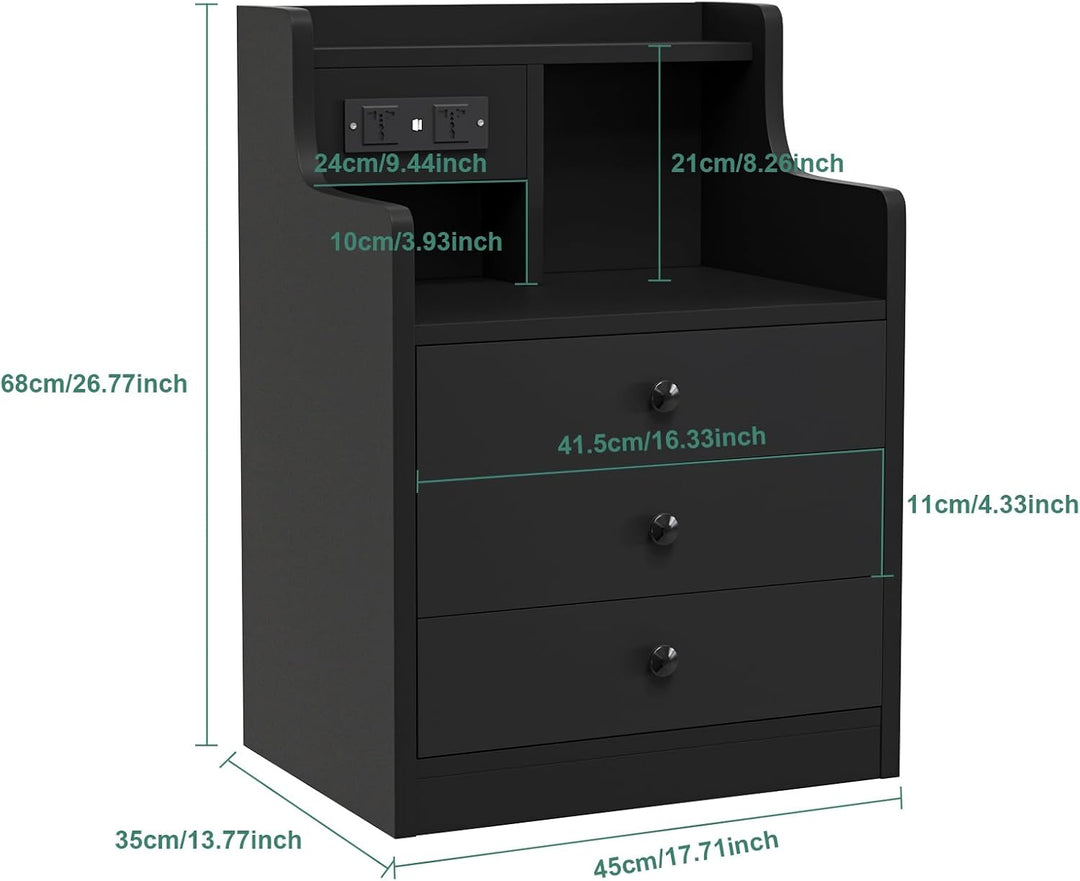 Nachttisch mit Ladestation, Nachtschrank mit Steckdosen und USB Anschlüsse, Nachttisch mit 3 Schubla