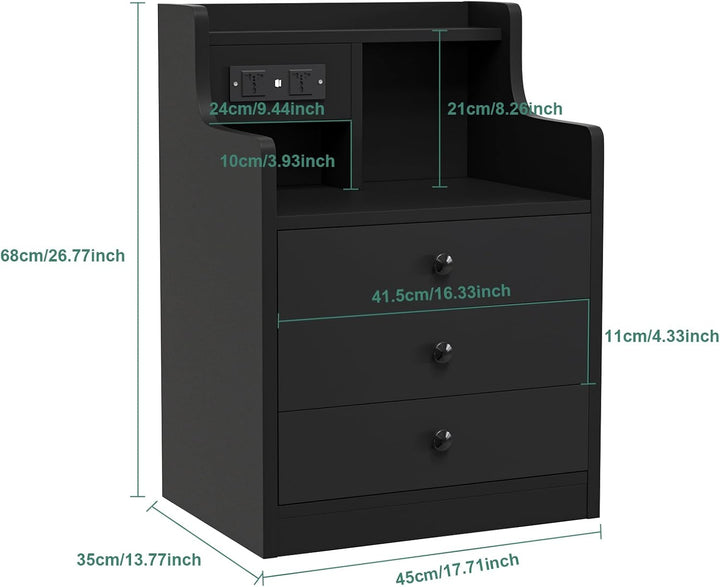 Nachttisch mit Ladestation, Nachtschrank mit Steckdosen und USB Anschlüsse, Nachttisch mit 3 Schubla
