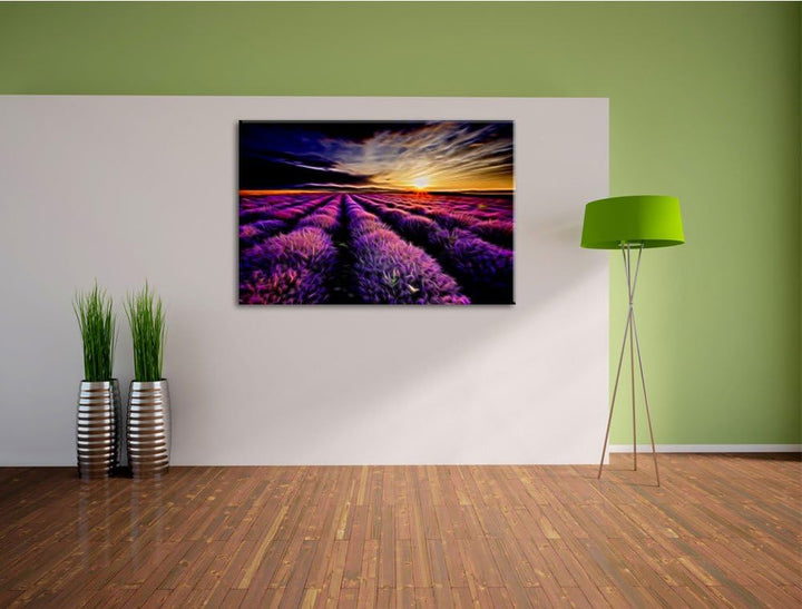 Dark abstraktes Lavendelfeld bei Sonnenuntergang auf Leinwand, XXL riesige Bilder fertig gerahmt mit