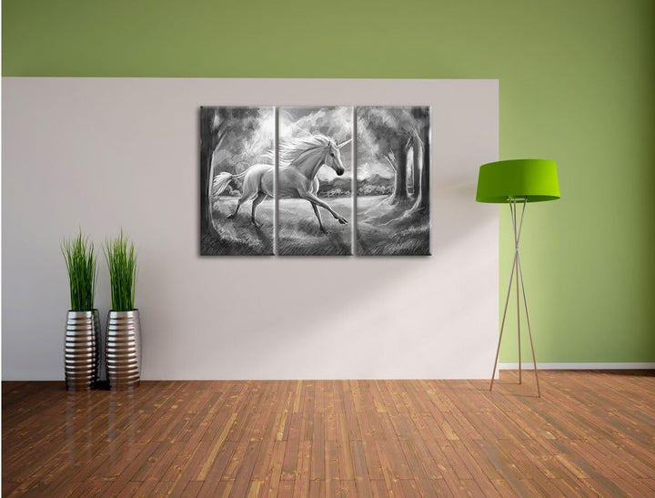 Pixxprint Einhorn im Wald bei Sonnenuntergang Kunst B&W 3-Teiler Leinwandbild 120x80 Bild auf Leinwa