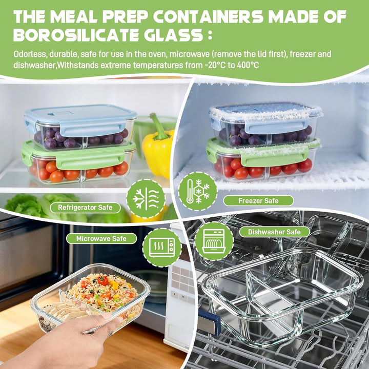 Zocipro 6 Stück Meal Prep Boxen Glas mit Deckel mit 2 Fächern 640ml | Leckproof/Leckfest Frischhalte