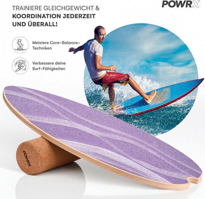 POWRX Surf Balance Board Holz/Balance Skateboard inkl. Rolle | Koordinationstraining für Surfbrett,
