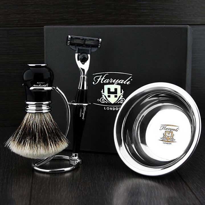Haryali London Black Luxury Herren Rasierset 3 Edge Rasiermesser, Rasierpinsel, Rasierständer und Ra