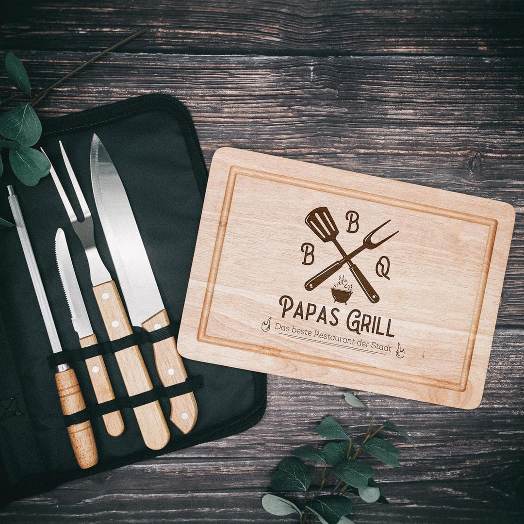 Grillset mit Messer im Messerset, Grillen Geschenk, Grill Accessories, Grillbrett, Geschenke für Män