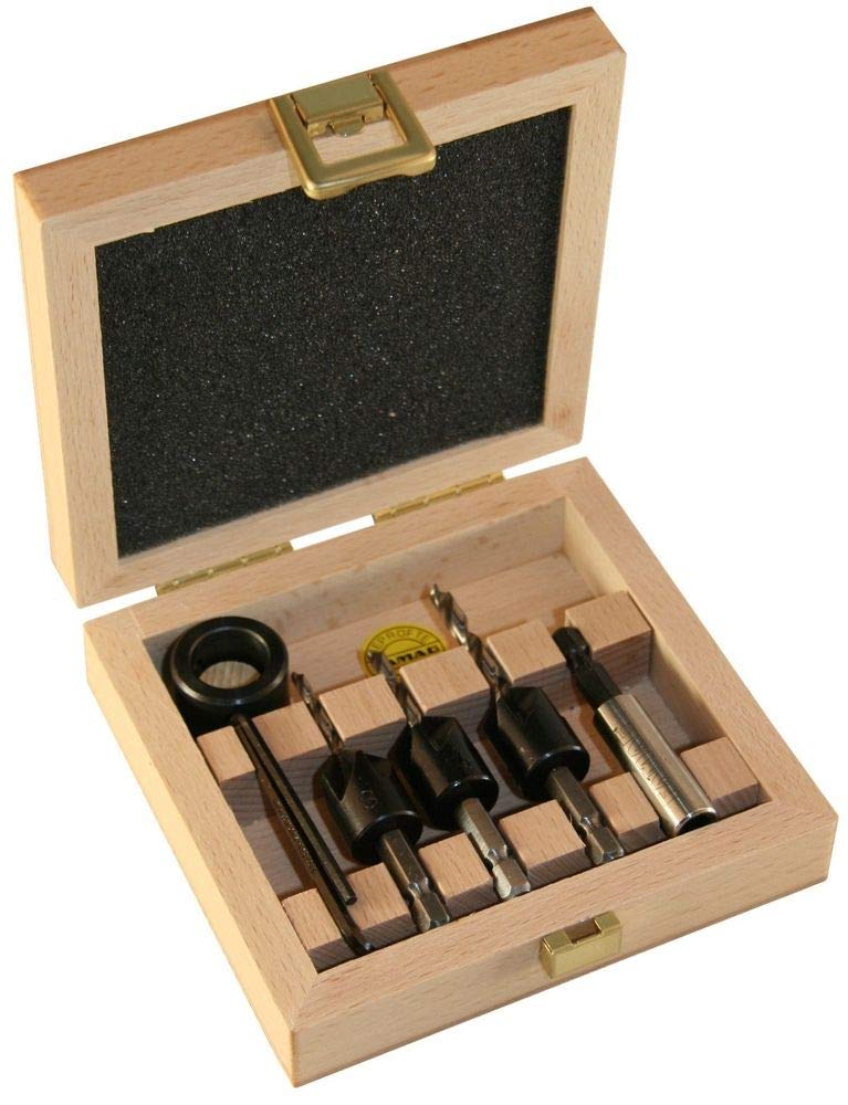 FAMAG 3572 Bohrerbit-Senker-Satz HSS 5-teilig im Holzkasten Ø3,4,5 mm, Bithalter inkl. Tiefenstellri