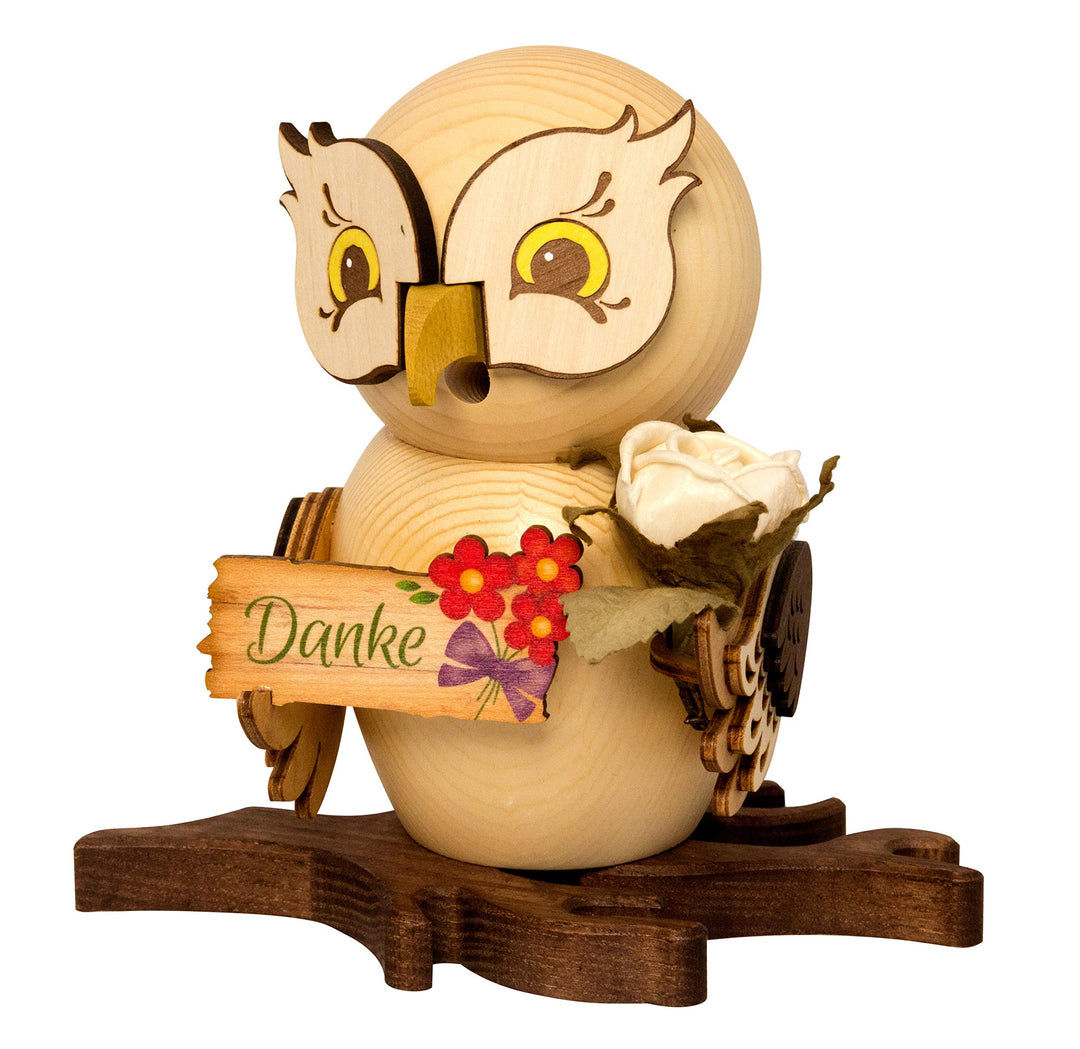 Kuhnert Drechslerei Rauchfigur/Räucherfigur - Eule mit Danke-Schild aus Massivholz - ca. 15 cm - Mad