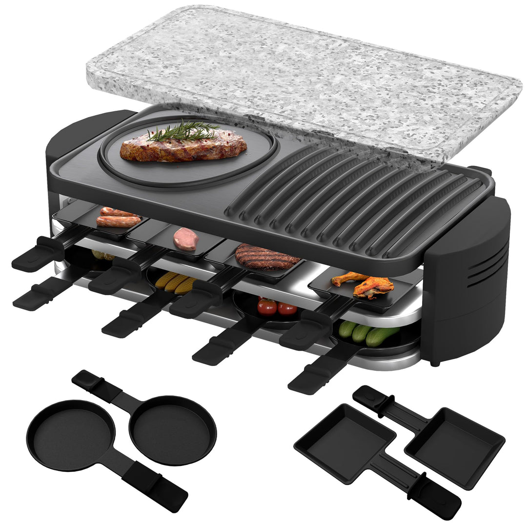 FIVMEN Raclette 8 Personen Raclette Grill 1600W mit 14 Pfännchen, Granitplatte & Antihaftplatte Elec