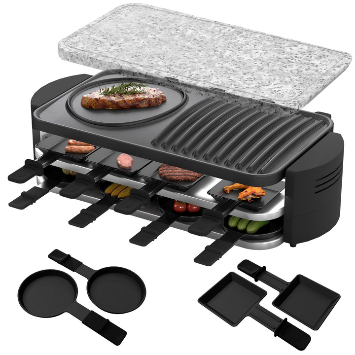 FIVMEN Raclette 8 Personen Raclette Grill 1600W mit 14 Pfännchen, Granitplatte & Antihaftplatte Elec