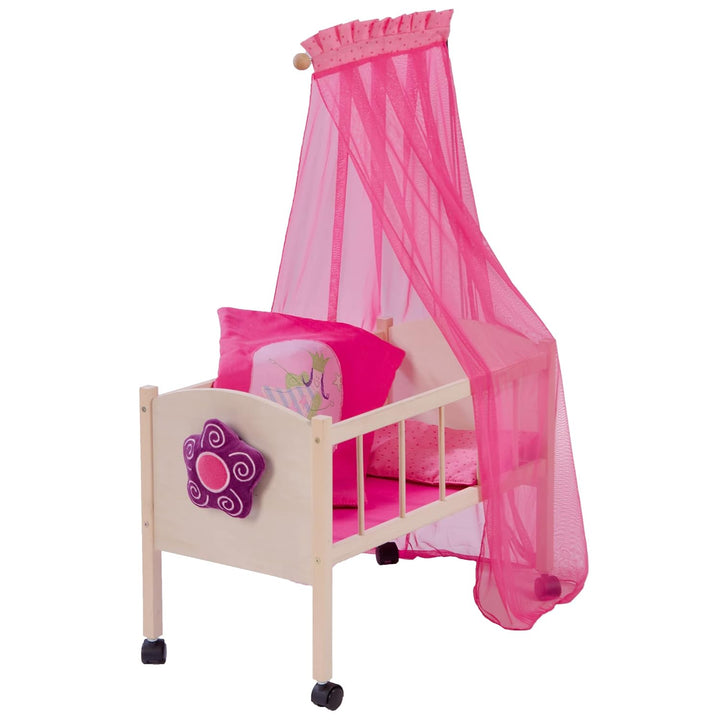 roba Puppenbett Serie 'Happy Fee', Holz natur inkl. textiler Ausstattung, Bettwäsche & Himmel pink P