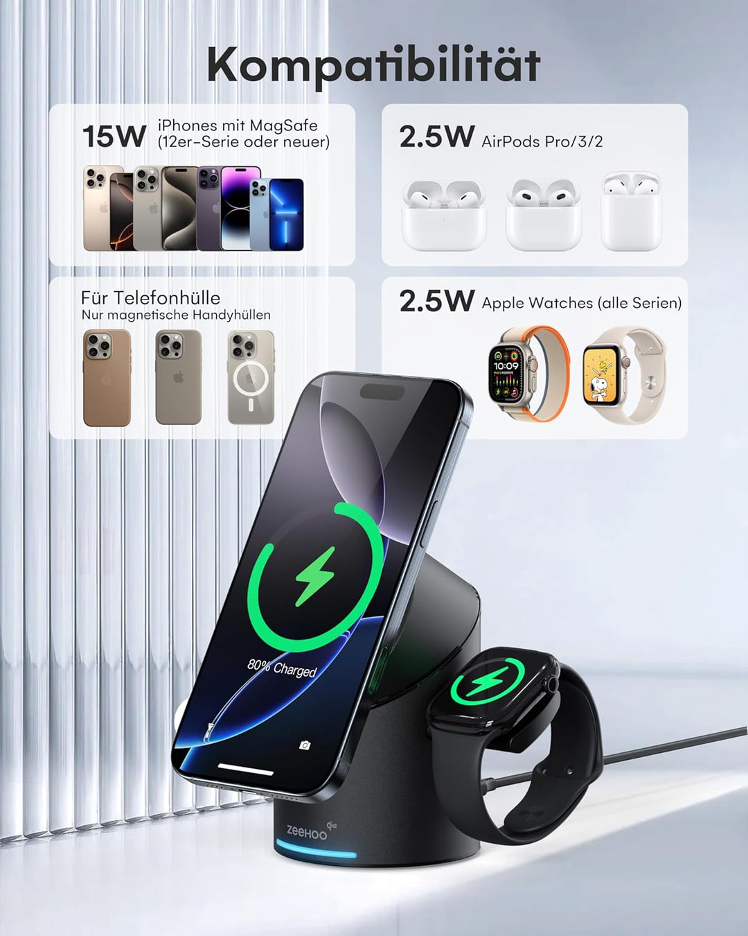 ZEEHOO 3 in 1 Ladestation für Apple Magsafe Ladegerät, QI2 Wireless Charger 15W Induktive Ladestatio
