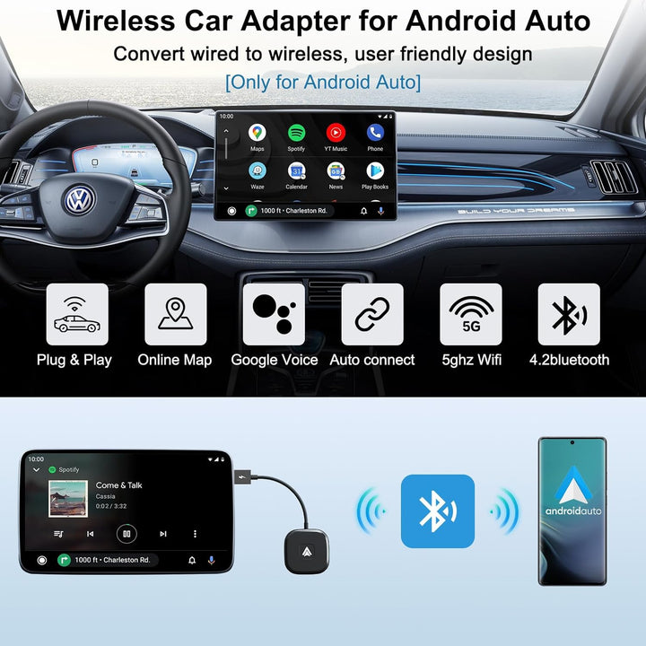 FEINODI Android Auto Wireless Adapter, Wireless Android Auto Dongle für Autos mit Verkabeltem AA und