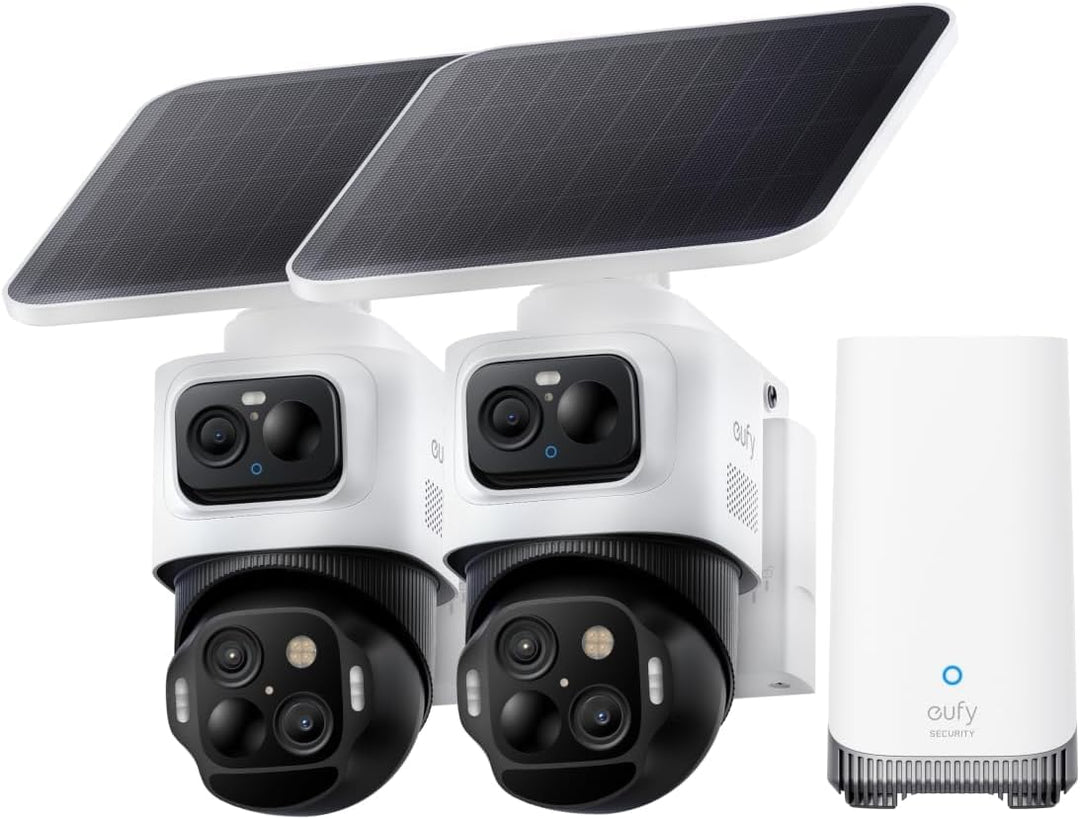 eufyCam S4 2‑Kamera‑Set, kabellose Solar‑Überwachungskamera aussen, 3‑Linsen Bullet‑PTZ‑Kamera, 4K U