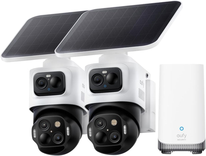 eufyCam S4 2‑Kamera‑Set, kabellose Solar‑Überwachungskamera aussen, 3‑Linsen Bullet‑PTZ‑Kamera, 4K U