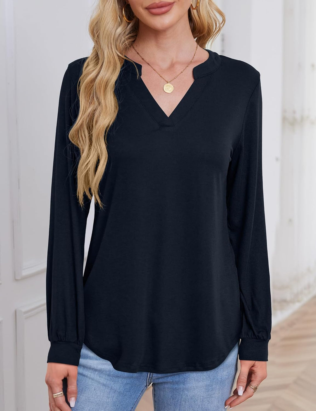 Beluring Langarmshirt Damen Elegant V Ausschnitt Tunika Bluse Einfarbig T-Shirt M Marineblau, M Mari