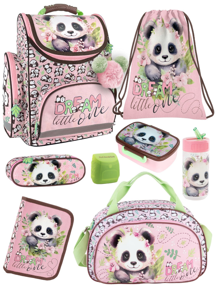 Familando - Schulranzen Set - 8-teilig mit Federmappe - Panda Bär - Ergonomisch, stabil &amp; mit gepols
