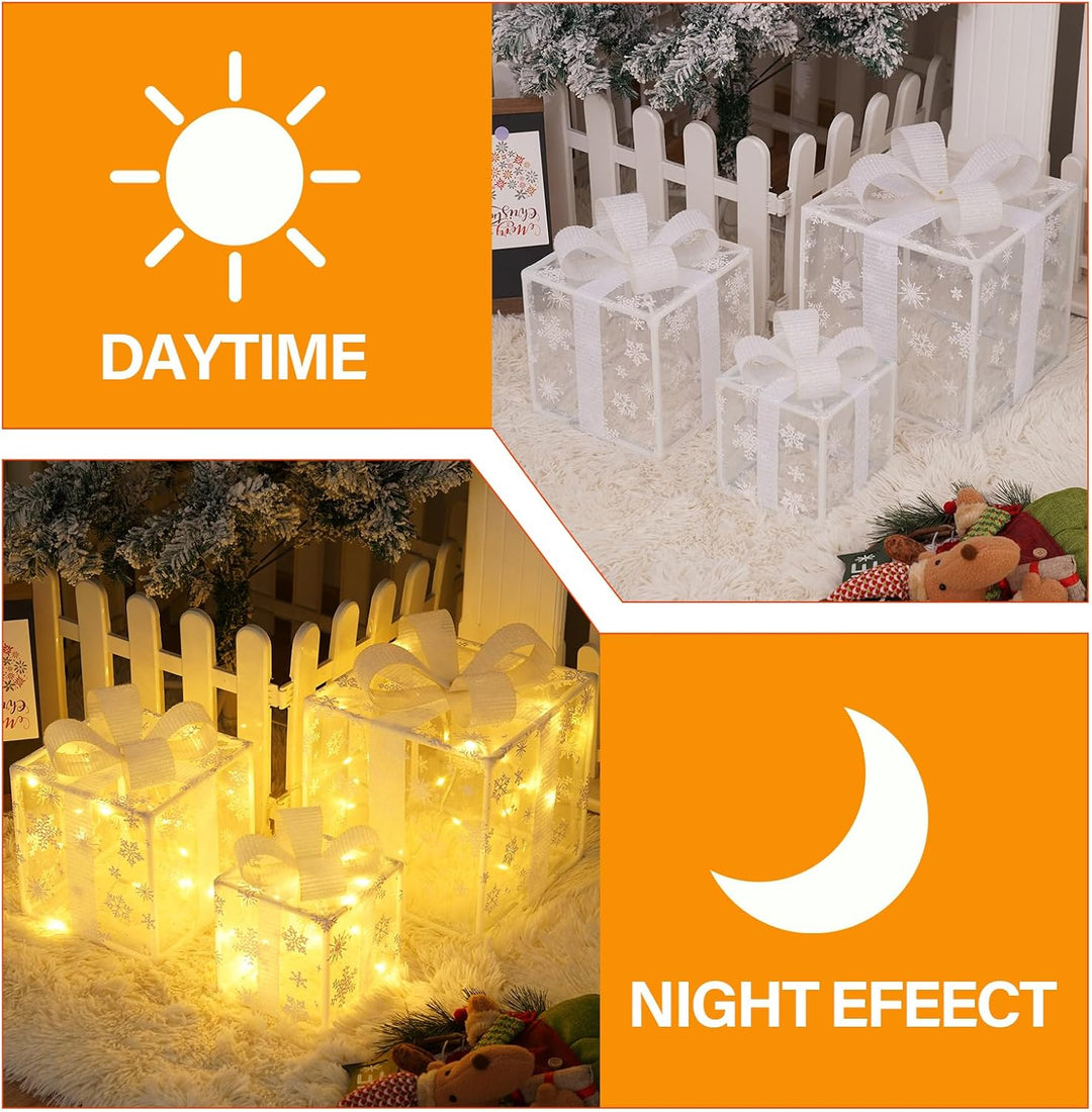 3 Stück Weihnachtsdeko LED Geschenkbox Set Beleuchtet mit Timer Fernbedienung Warmweiss Licht Gesche