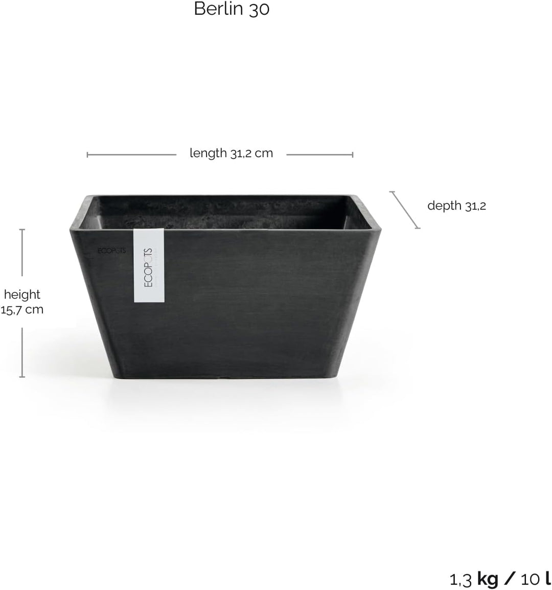 Ecopots Blumentopf Berlin Dunkel Grau - 31 x 31 cm quadratisch - Pflanzentopf aus Recycling Kunststo