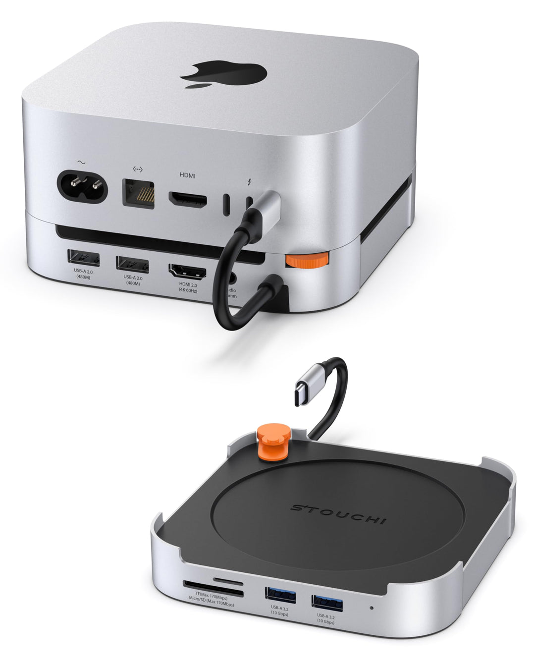 Stouchi Mac mini M4 Dock mit NVMe SSD Gehäuse, M4 Ständer und Hub mit 2x USB A 10 Gbit/s, SD /TF Kar