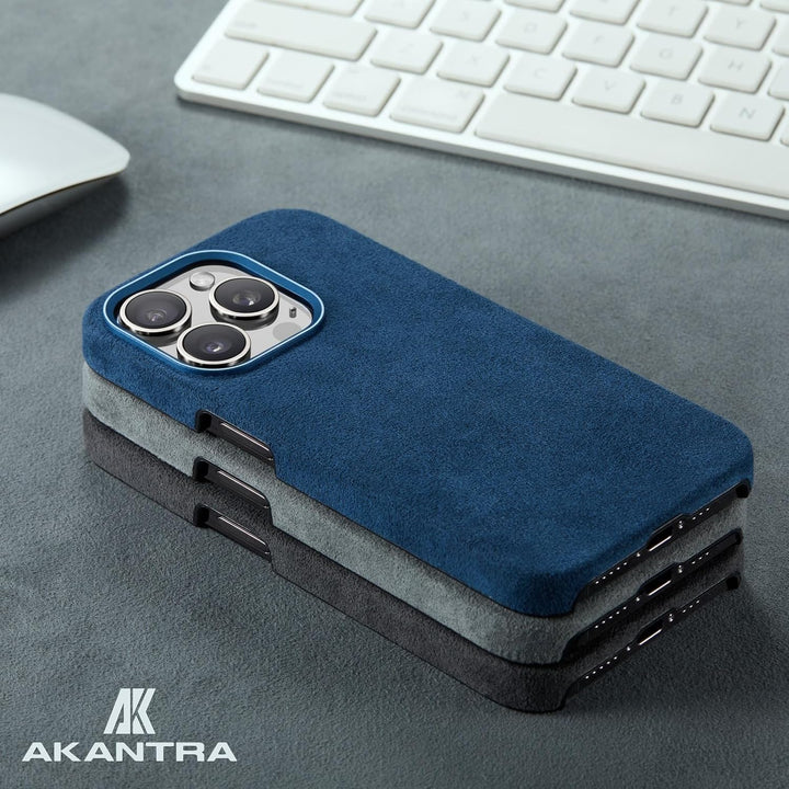 AKANTRA Alcantara Hülle für Apple iPhone15 Pro Max, handgefertigte halbgewickelte Kunstlederhülle, k