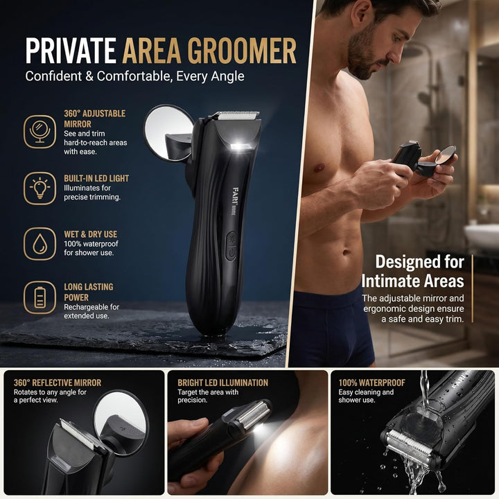 FARI Körper- & Barthaarschneider Herren, 8-in-1 Manscaping Elektrorasierer mit 360° drehbarem Spiege