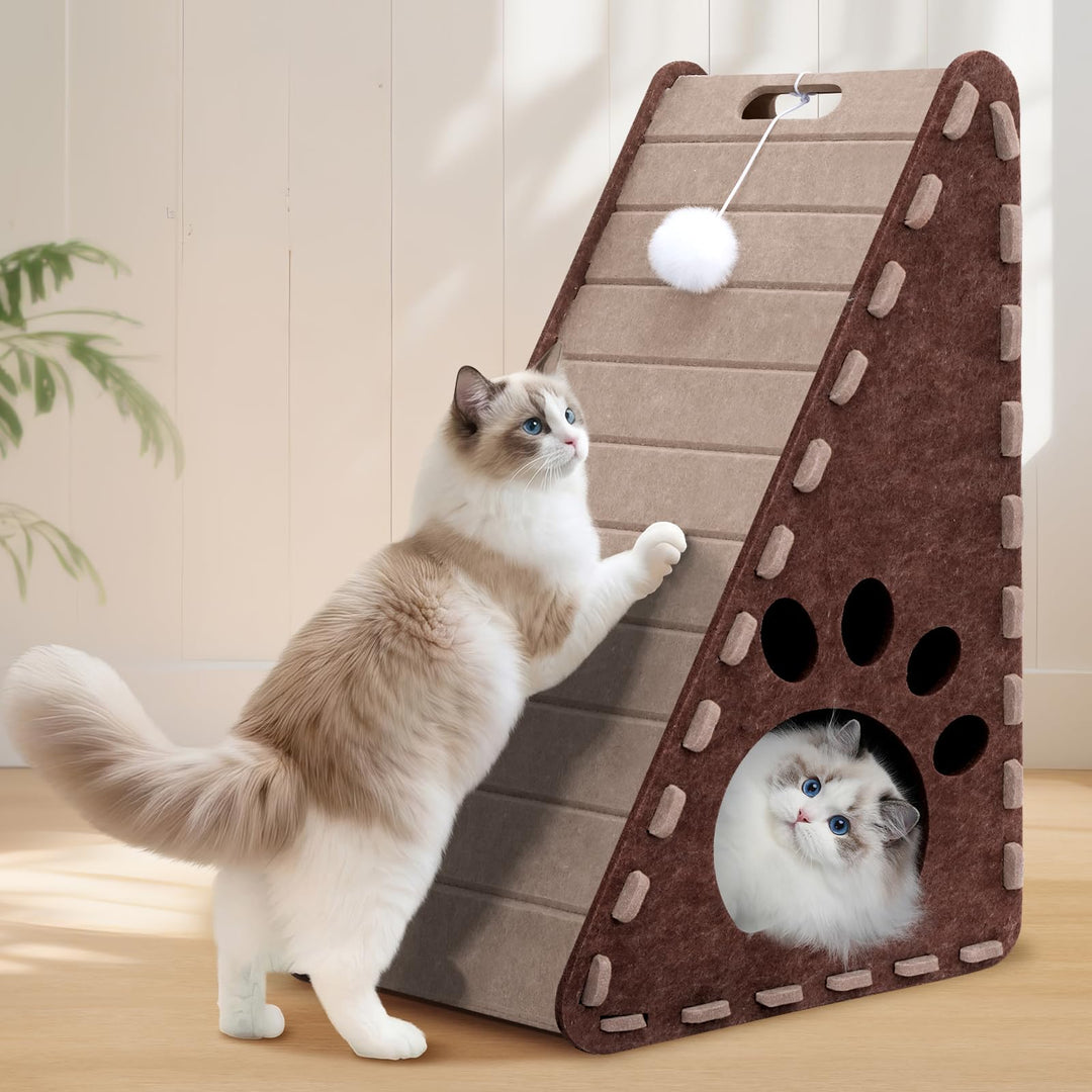 3-in-1Kratzbrett Katze für Katzen Kratzen Spielen Ausruhen, Filz Dreieck Katzenhaus, Leicht zu Reini
