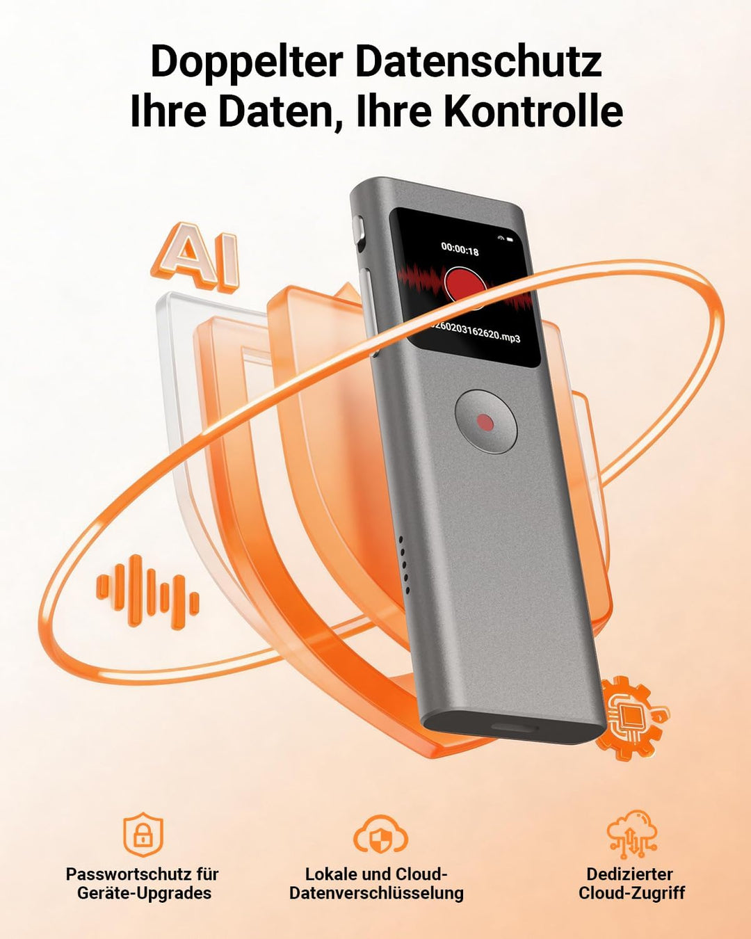 KI Digitales Diktiergerät, Transkribieren und Zusammenfassen, Sprachaktivierte Aufnahme mit Playback