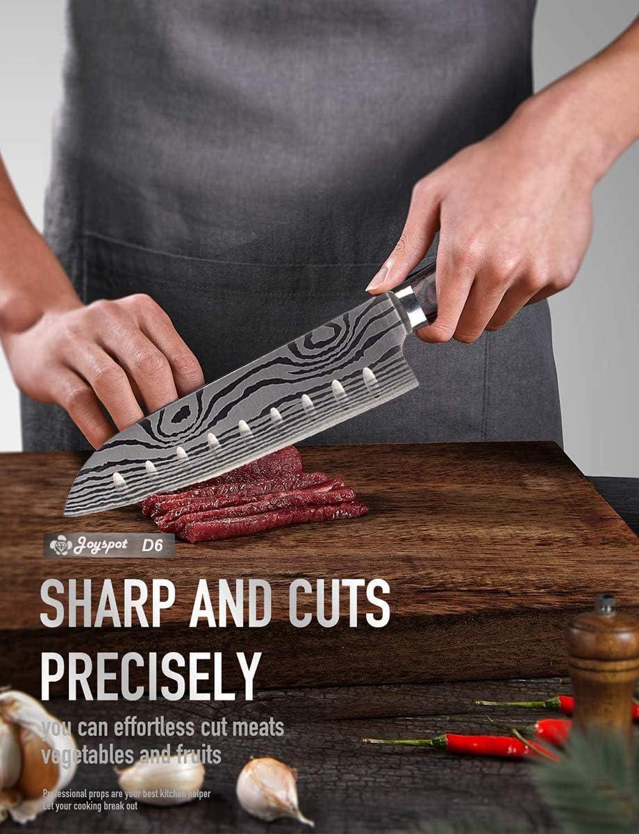 Joyspot Japanisches Santoku Messer, 7 inch Kochmesser Profi Messer Deutsche Karbon-Edelstahlmesser E